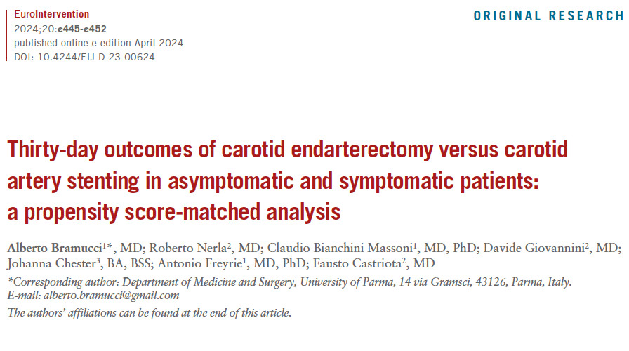 EuroInterventio's tweet photo. In a multicentre retrospective study comparing carotid artery stenting (CAS) and carotid endarterectomy (CEA) for treating carotid stenosis in both asymptomatic and symptomatic patients, no significant difference was observed in the composite outcomes of stroke, TIA, AMI, and death within 30 days post-intervention. This suggests that CAS, with recent advancements, offers a safety and efficacy profile comparable to CEA. 
https://t.co/LbDDoz7DLN

Read also the editorial by Piotr Musialek et al. https://t.co/Mb0sf88ALe