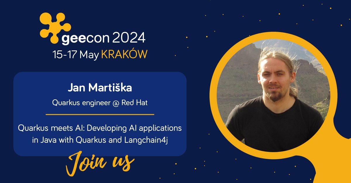 Discover the development joy of Quarkus with Jan Martiška (@janmartiska), an OSS craftsman and Eclipse MicroProfile committer, at #GeeCON! Explore its goodies and incredible productivity, now extending to creating #AI applications. 2024.geecon.org/speakers/info.…