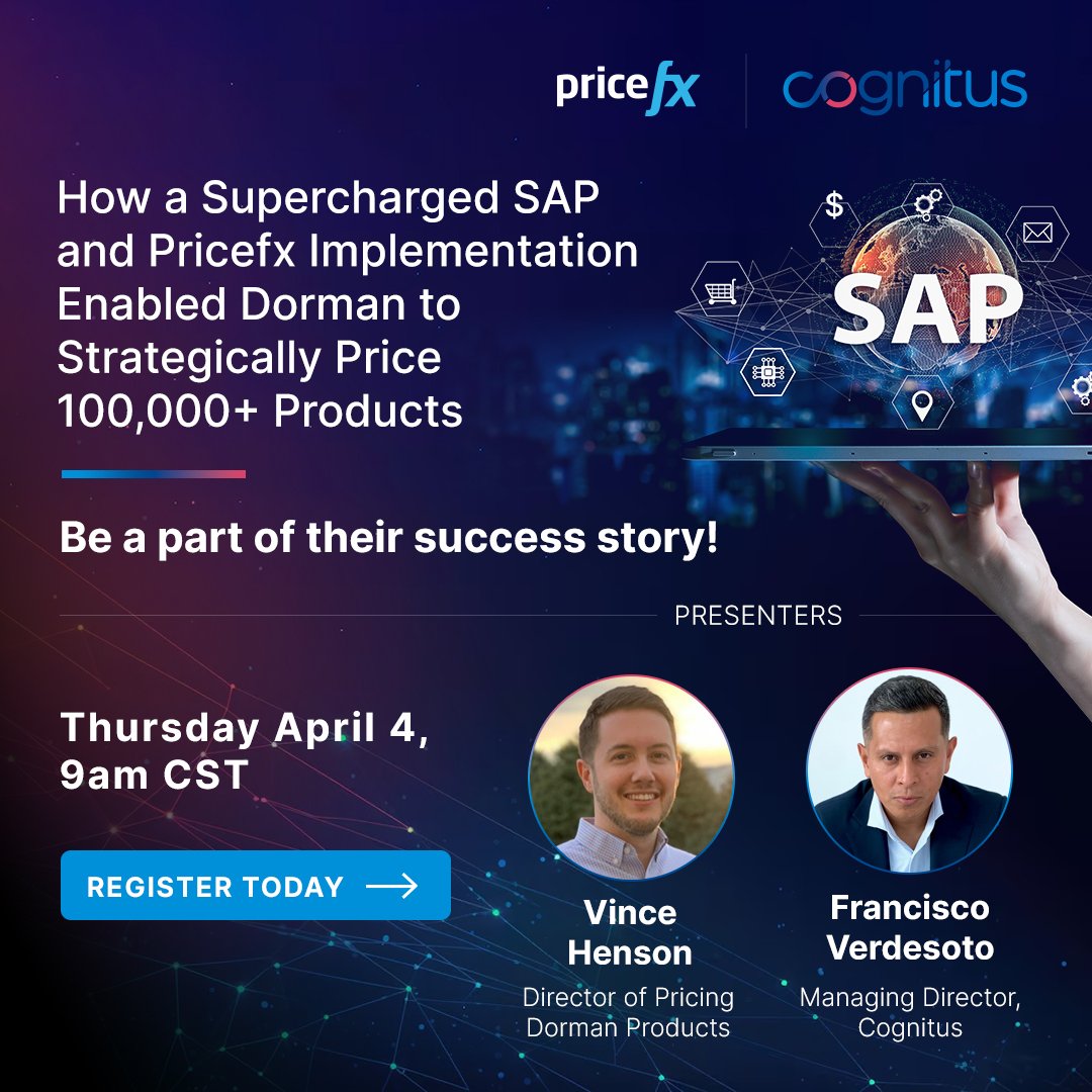 CognitusTweets's tweet image. Join Dorman and Cognitus today on a journey to pricing success! Overhaul your pricing strategy with insights from their experience, leveraging Pricefx to navigate complex landscapes.
Join us today: hubs.la/Q02rF0H60

#SAPpartner #pricingstrategy #pricingsolutions #pricing