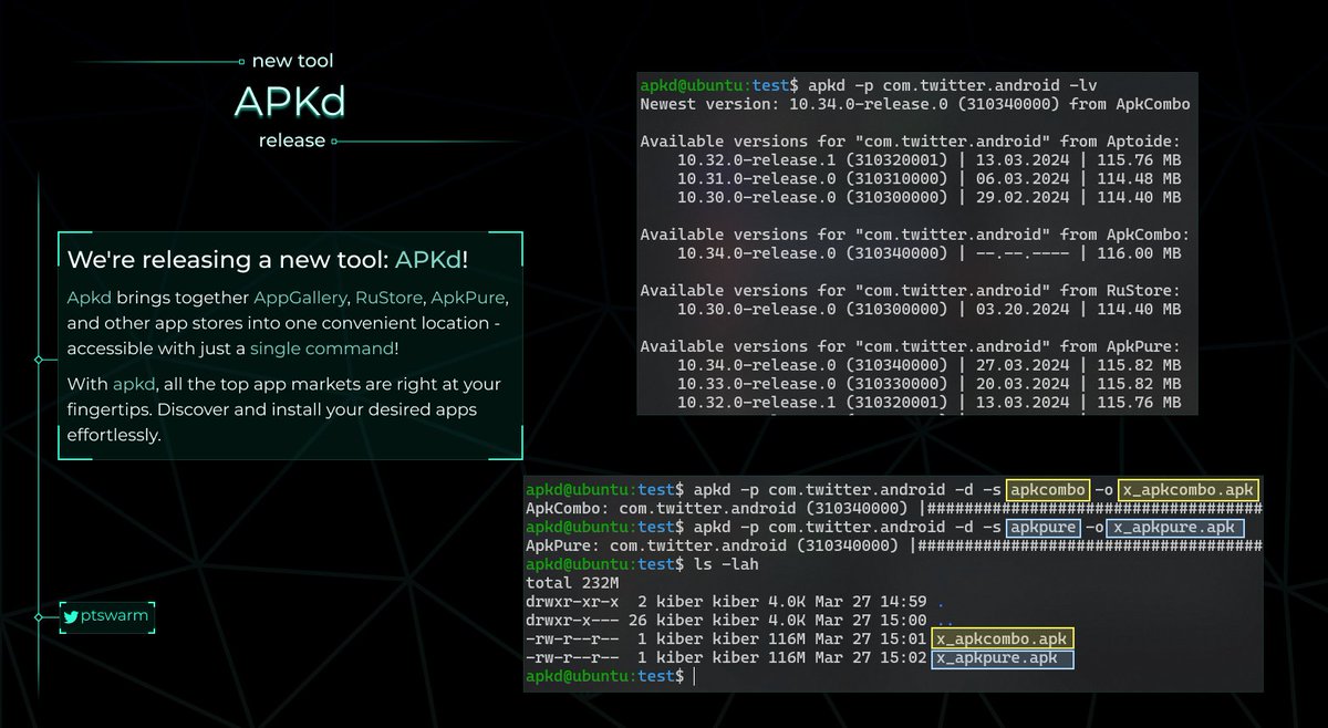 🚀 We're excited to unveil a new tool developed by our researcher: APKd. Now, you can effortlessly download APKs from AppGallery, APKPure, and RuStore directly from the terminal! Check it out here: github.com/kiber-io/apkd