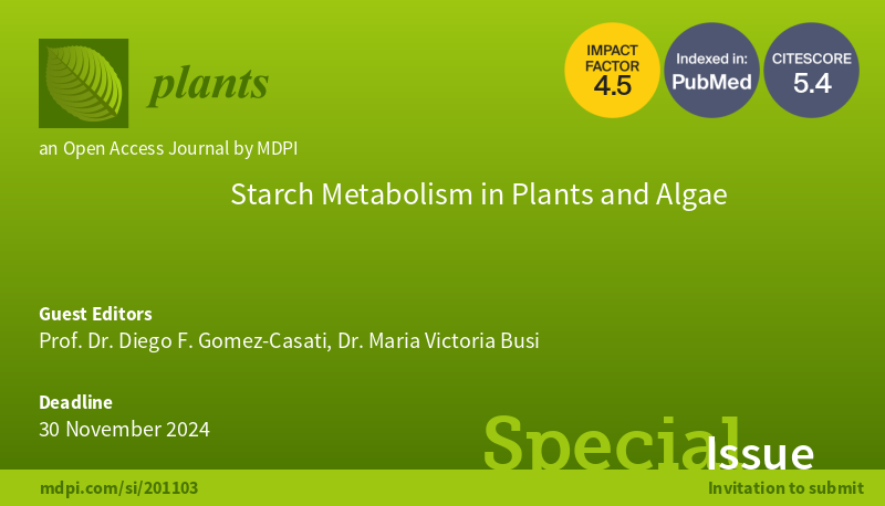 📢 #plants_mdpi Special Issue 'Starch Metabolism in Plants and Algae' is now open for submissions! 👉 You can find more information at: mdpi.com/journal/plants… #callforpapers #callforsubmissions #openaccess