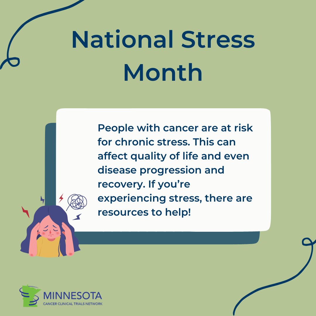 April is #NationalStressMonth. Cancer patients and survivors can experience chronic stress, affecting daily life, physical & mental health, and even recovery. If you're experience cancer-related stress, check out resources and find support: cancer.gov/about-cancer/c… #MNCCTN