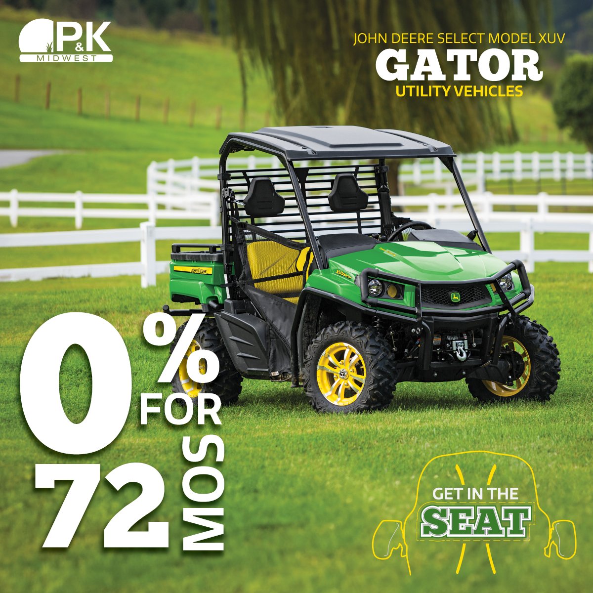 PKMidwest's tweet photo. GET IN THE SEAT of a John Deere Gator! Right now, get 0% for 72 months on select model John Deere XUV Series Gator Utility Vehicles! https://t.co/156GPqK3vL