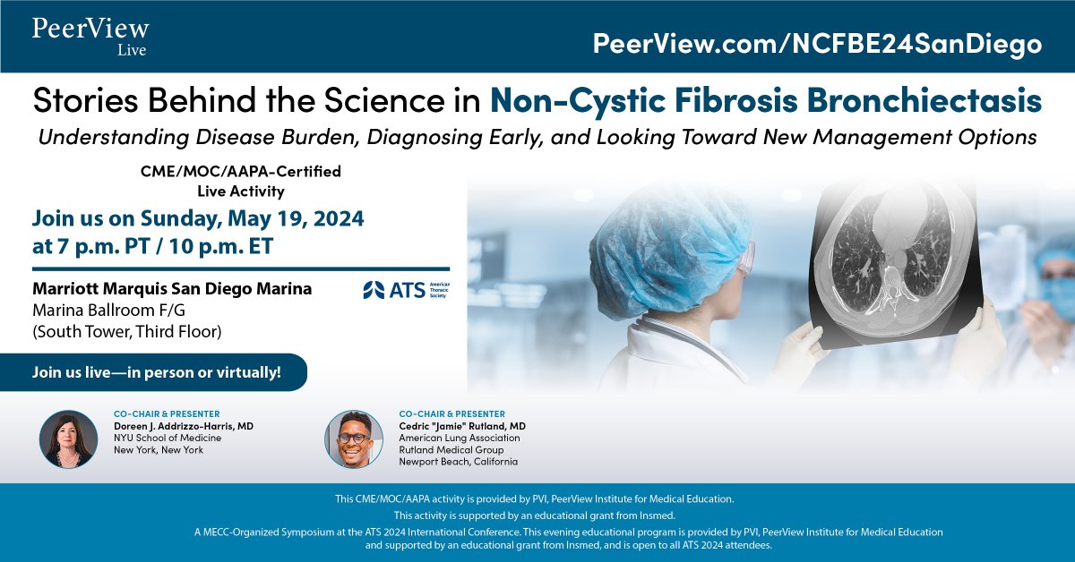 PeerView (@peerview) on Twitter photo Learn to diagnose #NCFBE early & accurately by reviewing its signs, symptoms, & risk factors. Featuring experts Doreen J. Addrizzo-Harris, MD, & Cedric "Jamie" Rutland, MD (<a href="/drjrutland/">Cedric “Jamie” Rutland MD FCCP</a>). May 19 at 6:30 p.m. PT during #ATS2024 bit.ly/NCFBE24SanDieg… #MedEd #MedTwitter Learn to diagnose #NCFBE early & accurately by reviewing its signs, symptoms, & risk factors. Featuring experts Doreen J. Addrizzo-Harris, MD, & Cedric "Jamie" Rutland, MD (<a href="/drjrutland/">Cedric “Jamie” Rutland MD FCCP</a>). May 19 at 6:30 p.m. PT during #ATS2024 bit.ly/NCFBE24SanDieg… #MedEd #MedTwitter