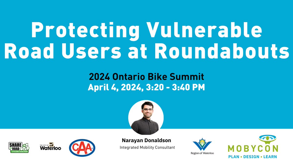 Don’t miss out! will be presenting at the 2024 Ontario Bike Summit by @STRCycling TODAY at 3:20 pm. Come say hi, listen in, and join the discussion as Narayan presents on “Protecting vulnerable road users at roundabouts”. ow.ly/t1xu50R6m6C