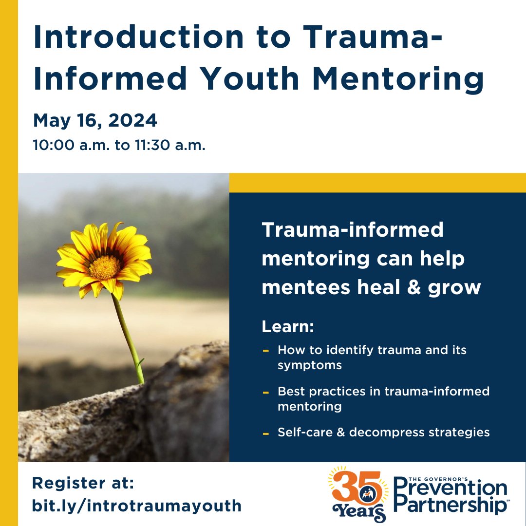 Unlock the power of mentorship in aiding trauma recovery. Join us on May 16th at 10am EST to understand trauma's impact on youth and enhance support skills. Register for free here: bit.ly/introtraumayou…