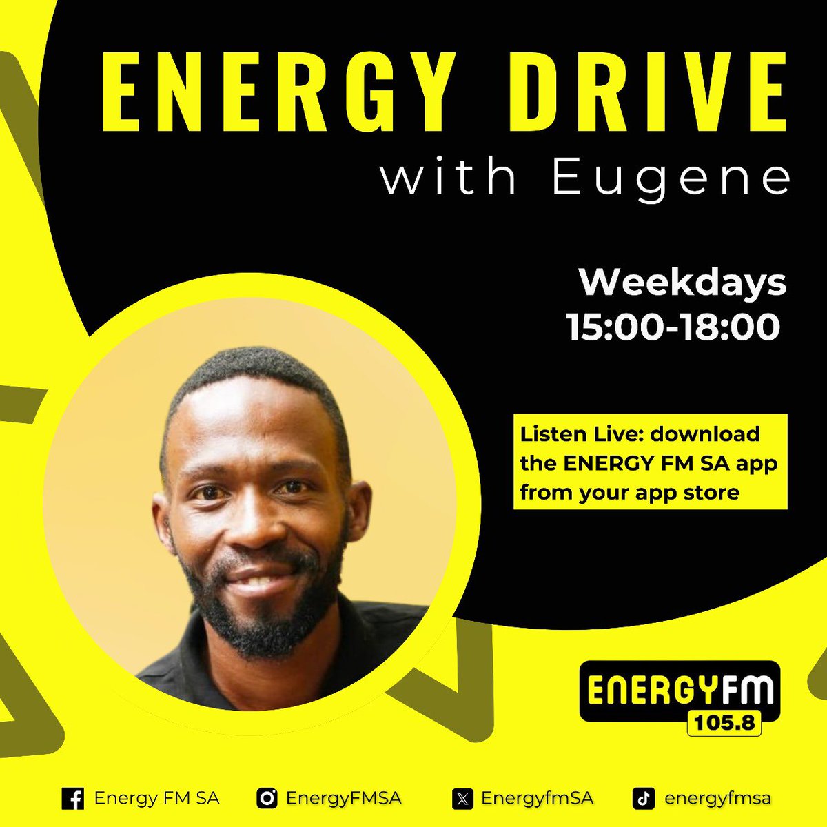 EnergyfmSA's tweet photo. Get ready to be mesmerized by Eugene Mahlaba on the #EnergyDrive. Let the music and chats take you on a journey you won't forget. https://t.co/NsqalJtMM5