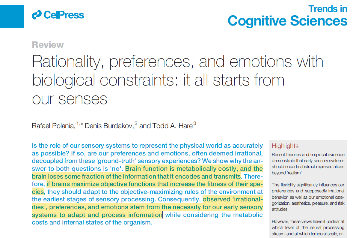 New review in Trends in Cognitive Sciences: observed 'irrationalities' emerge from the cost-benefit tradeoff faced by our brain functions: being perfect at information processing is too costly, instead, they are as good as possible. cell.com/trends/cogniti…