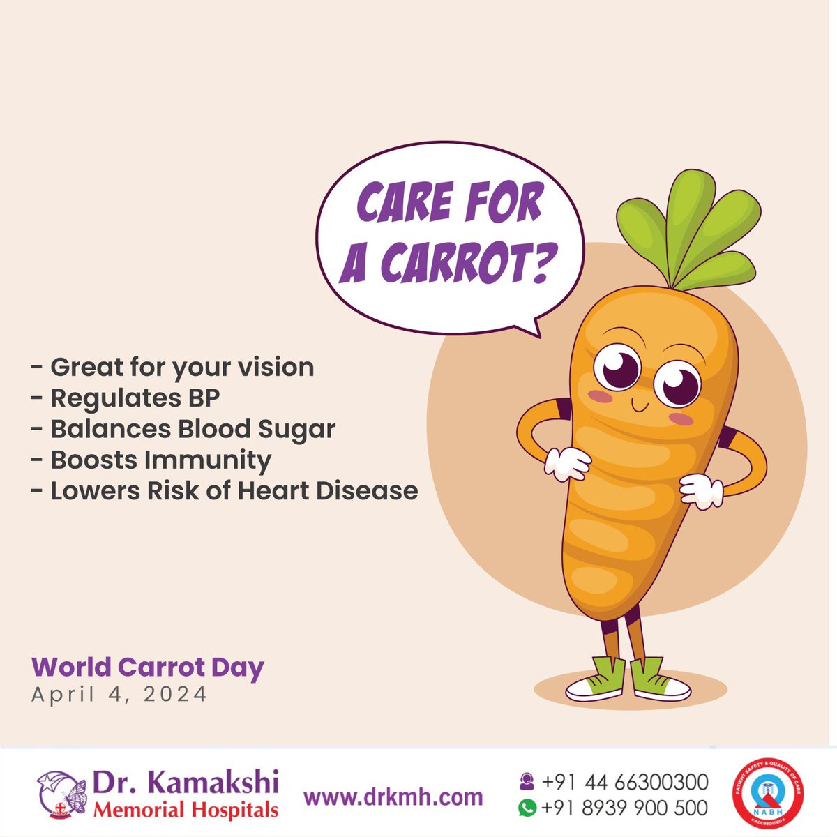 World Carrot Day - April 4
Crunchy carrots are a nutritional powerhouse! They're loaded with vitamin A, fibre & antioxidants. So munch on some carrots to boost your vision, immunity, and overall health!
#worldcarrotday #healthyfood #hospital  #multispecialityhospital #chennai