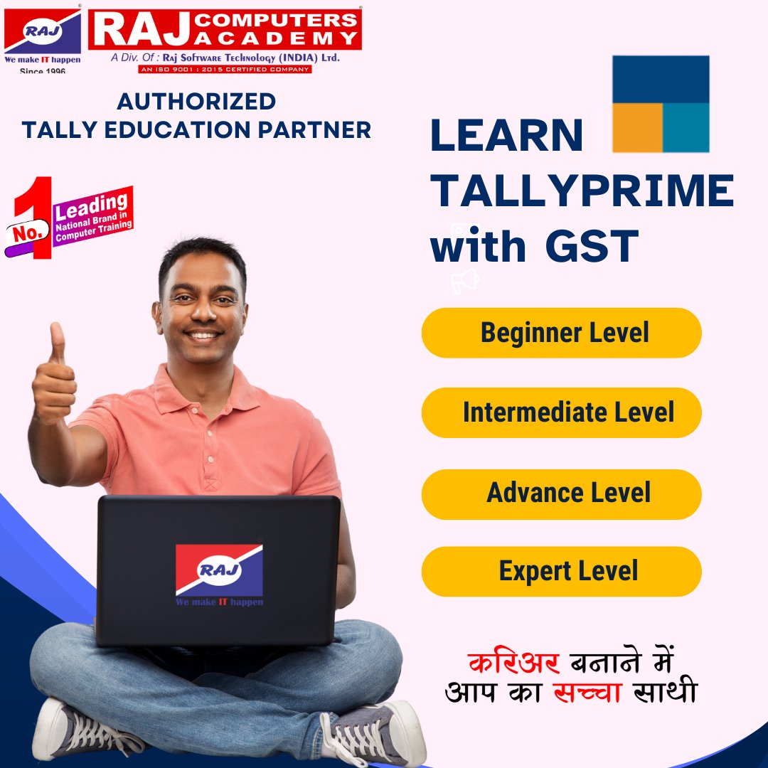 Learn TallyPrime with GST
From Authorized Tally Education Partner.
Contact us: +91 98201 27177

RAJ COMPUTERS ACADEMY
'Career बनाने में आपका सच्चा साथी'
Leading National Brand in Computer Training Institute
.
#tallyprime #TallyBestTrainer #TallyEducationPartner #TallyPrimeCourse