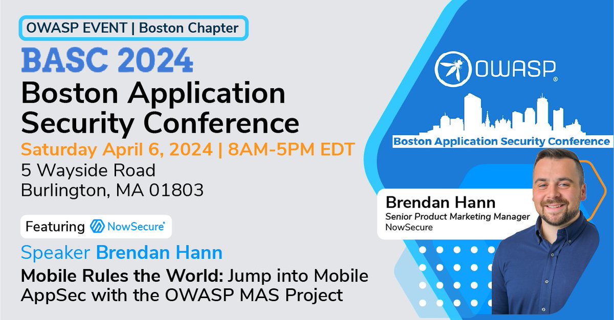 We are 3 days away from #BASC2024! Join Brendan Hann as he jumps into the world of #mobile appsec with the @OWASP_MAS Project. @OWASPBOSTON loom.ly/t7KAG_o