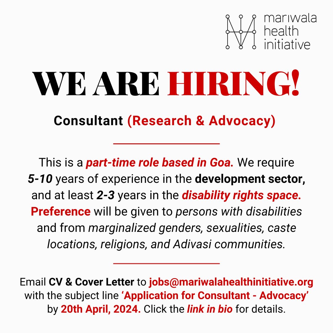 📌CALL FOR APPLICATIONS! MHI is hiring a Consultant — Research & Advocacy in Goa! ⌛Deadline for Applications is 20th April, 2024 🔗Click this link to access the Job Description: bit.ly/43SF0kj 🌈Persons from marginalised communities are encouraged to apply!