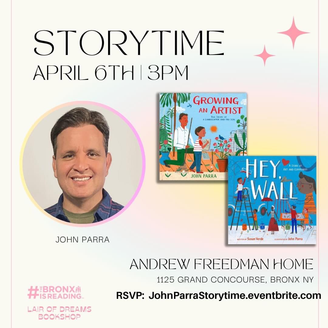 Please join me this Saturday, April 6, from 3-4pm at the historic Andrew Freedman Home Library in the Bronx, for a children’s Storytime, Drawing, and Book Signing event! Don’t miss it!!! RSVP at johnparrastorytime.eventbrite.com. Sponsored by @bronxisreading @AFHBronx @SimonKIDS