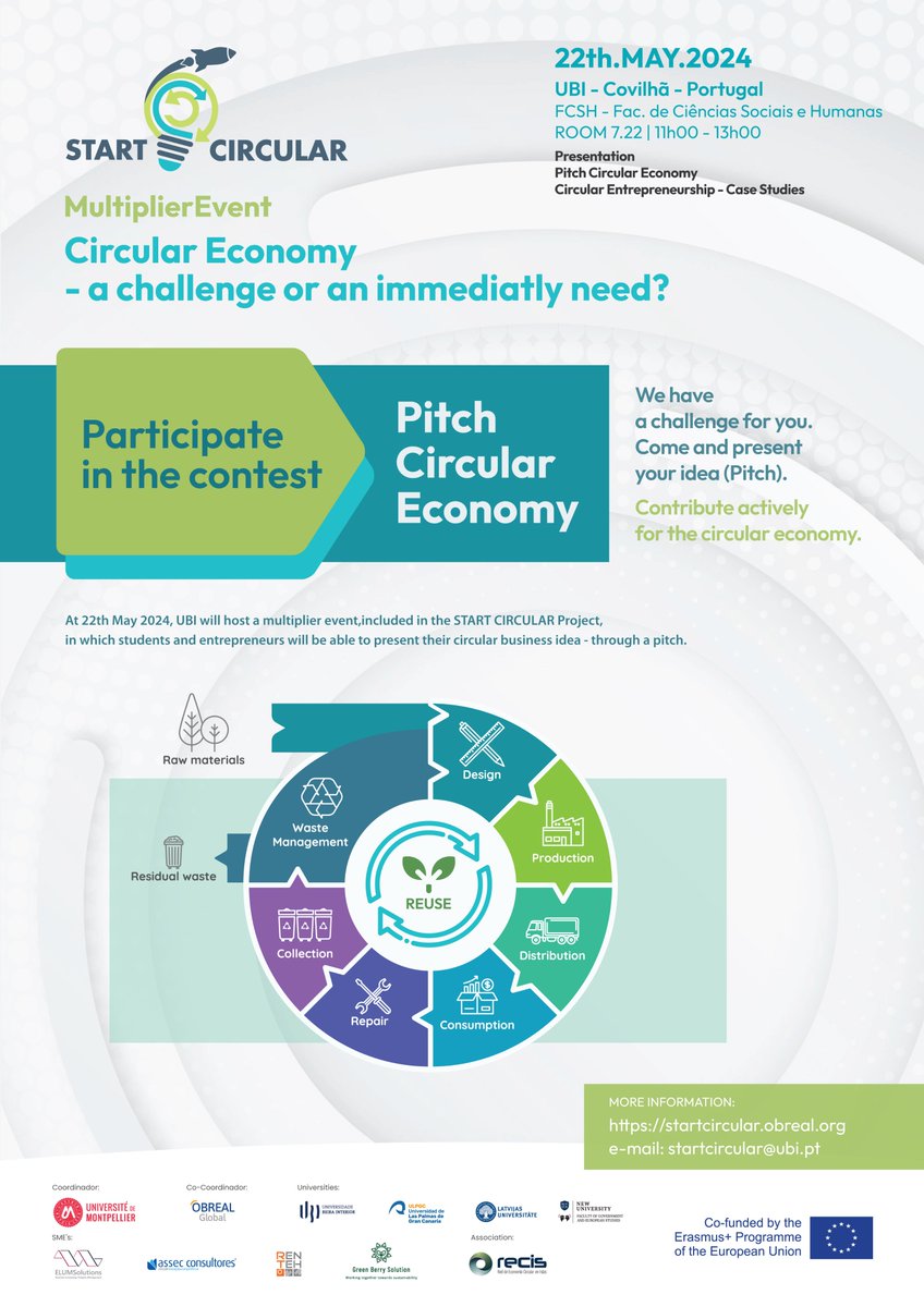 Join us for a multiplier event on "Circular Economy - a challenge or an immediate need?", as part of our StartCircular project. The event will take place on 22 May 2024 at Universidade da Beira Interior, Covilhã, Portugal 1/2 <a href="/StartCircular_/">Start Circular Project</a>  1/2