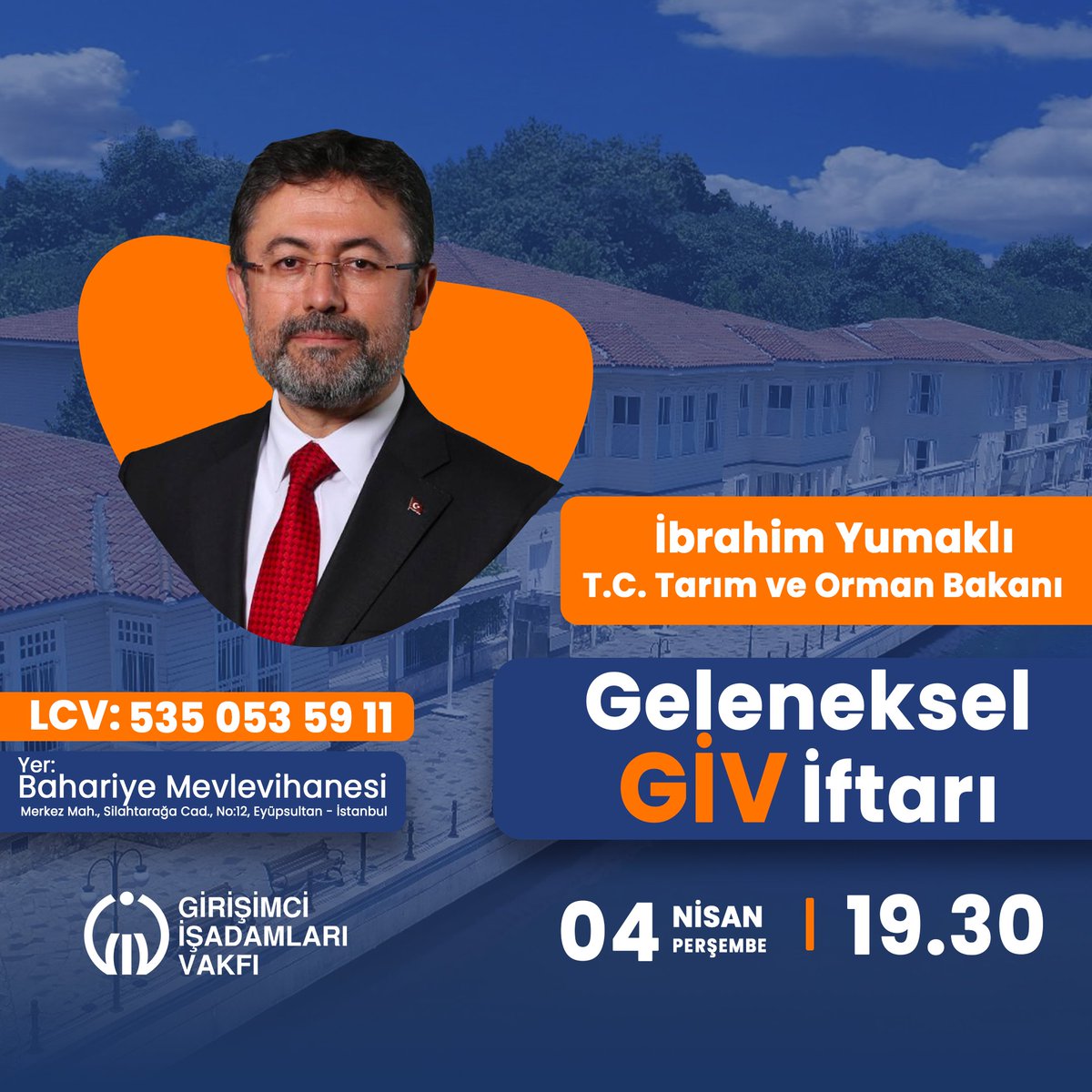 Bu akşam saat 19.30’da Türkiye Tarım ve Orman Bakanı İbrahim Yumaklı'nın katılımıyla gerçekleşecek olan Girişimci İşadamları Vakfı'nın iftar programına davetlisiniz! LCV için linkteki formu doldurabilirsiniz. forms.gle/bGz6desQn77sPh…