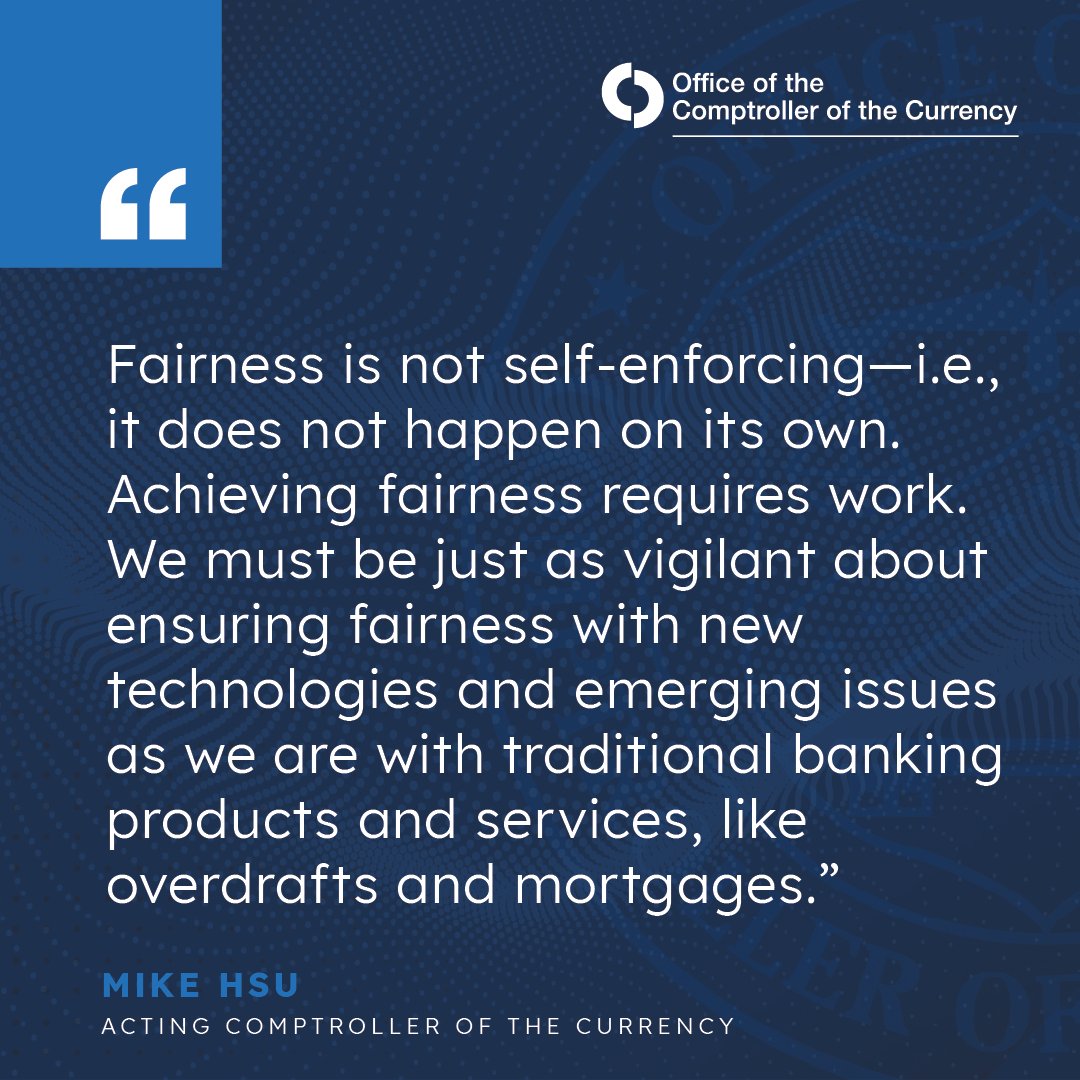 Acting Comptroller Michael J. Hsu discusses the importance of elevating fairness in banking and the OCC’s work to make this a top priority. Read his full remarks at occ.gov/news-issuances…