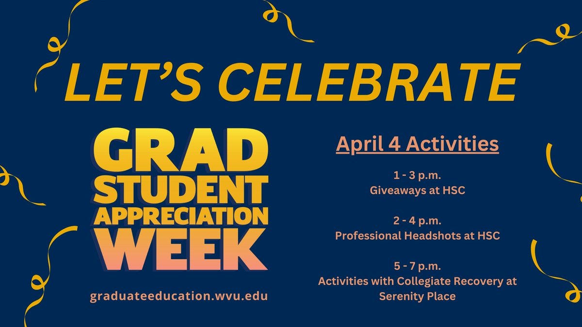 We're excited to celebrate another day of GSAW! Grab freebies and WVU swag at <a href="/WVUhealth/">WVU Health Sciences</a>, get a new headshot <a href="/wvustatler/">WVU Statler College</a> or <a href="/WVUhealth/">WVU Health Sciences</a>, take time to mark a moment of goodness+joy with the WVU Purpose Center or get crafty <a href="/recovery_wvu/">WVU Collegiate Recovery</a>. Find details at graduateeducation.wvu.edu 💛💙