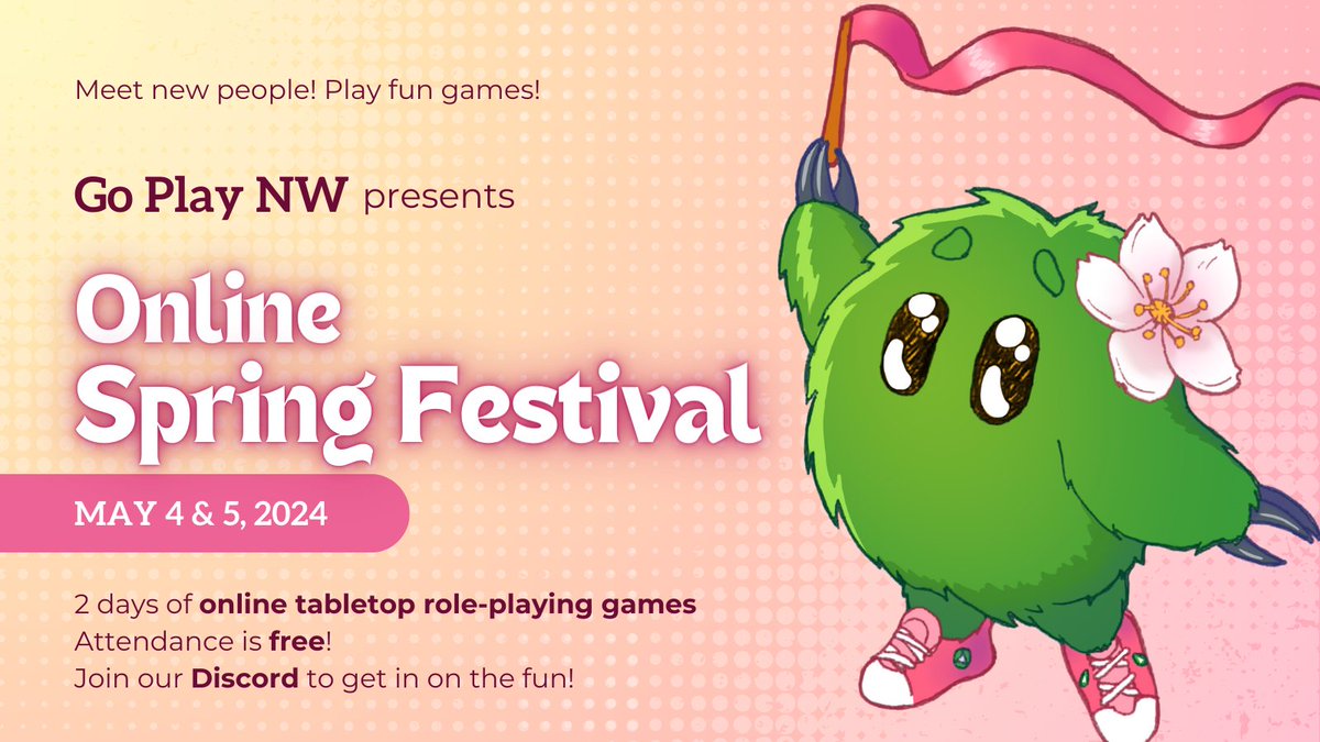 GoPlayNW's tweet image. Our free Online Spring Festival happens on our Discord May 4 &amp;amp; 5! And we’re looking for friendly faces and tech team volunteers to help! Find more info at goplaynw.org/spring-festiva… and join our Discord at discord.gg/cvHUHFpzwf
#goplaynw