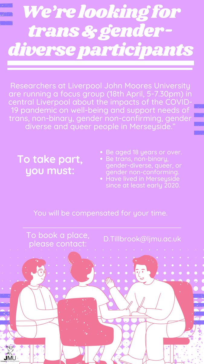 Are you trans, non-binary, gender non-confirming, gender diverse or queer?
Lived in the Merseyside since 2020?
Interested in helping us develop better services?
LJMU &amp; Sahir House are running focus groups to see how responses to new health issues can be improved after COVID (1/2)