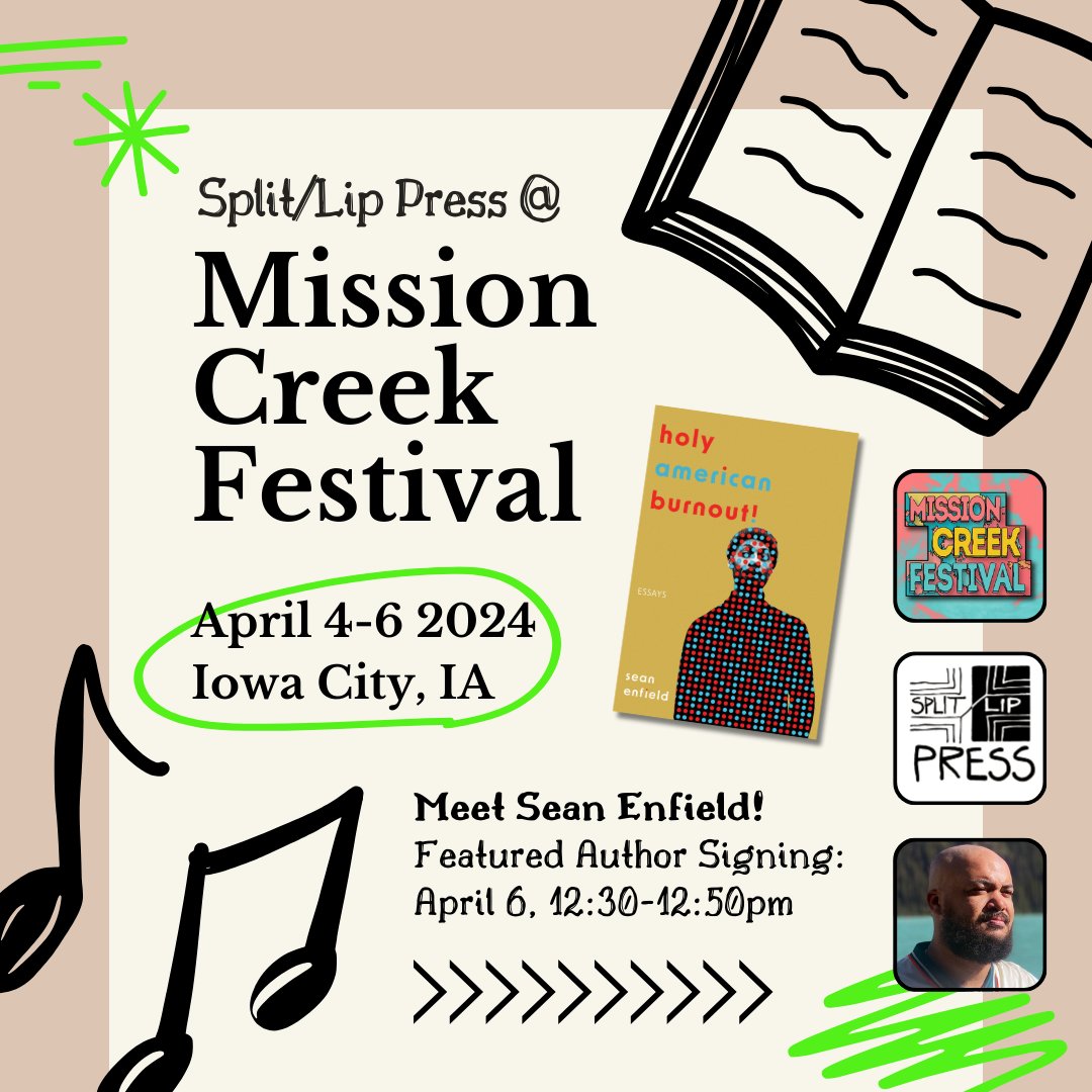 Good morning @missioncreekic -ers! SLP will be at the Small Press Bookfair this Saturday in Iowa City from 12-4, and @seanseanclan will be signing copies of HOLY AMERICAN BURNOUT! from 12:30-12:50pm. Hope to see you there—we'll have lots of books for you to peruse (AND PURCHASE)!