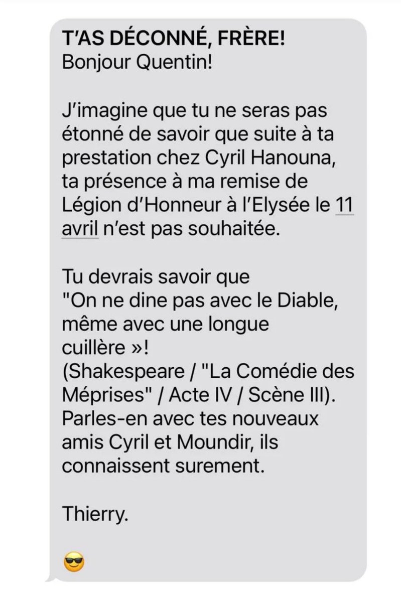 SMS de Thierry Ardison à  #QuentinBataillon 
C’est minable !
« On ne dine pas avec le diable » martèlent ceux-là mêmes qui dénoncent le manque de pluralisme.
