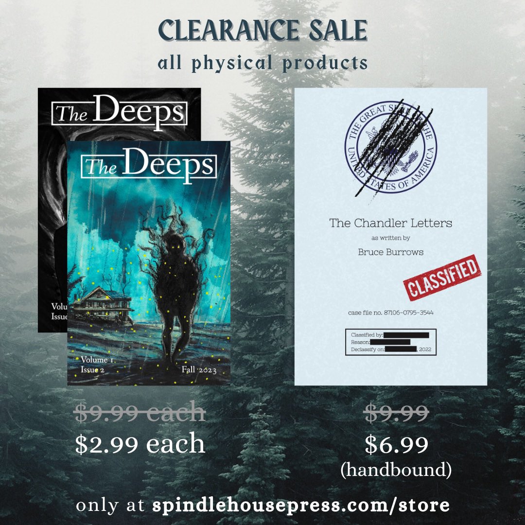 ✨ CLEARANCE SALE ✨ It’s time to clear the skeletons from our closet! All physical items in our store are HEAVILY DISCOUNTED — enjoy the low prices while supplies last!! We ship to all states and territories. 📦 Only at spindlehousepress.com/store