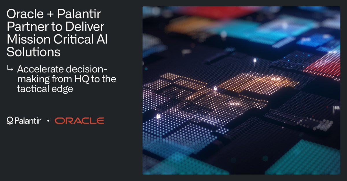 We are proud to announce our partnership with @Oracle, providing secure cloud and AI solutions to power businesses and governments around the world. Oracle’s vast cloud footprint and sovereign AI capabilities will allow more organizations to use #Palantir. Learn more:
