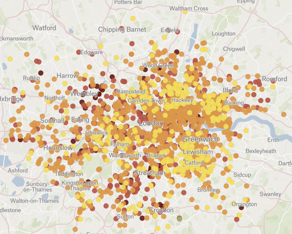 This map shows nitrogen dioxide levels at monitoring sites in London in 2022. Anything yellow, orange, red or dark red shows levels above the WHO guidelines....yes, that's the whole of London. Diesel needs to go! #DitchDiesel #EndOfDiesel felt.com/map/Recorded-l…