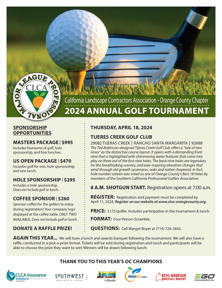 CLCAOCChapter's tweet image. The 2024 CLCA Orange County Chapter Annual Golf Tournament is Thursday, April 18 at the Tijeras Creek Golf Club in Rancho Santa Margarita. Visit clca-orangecounty.org by APRIL 11 for more info #clcaoc #clcaorangecounty #clca #clcaofficial #tijerascreek #golftournament #sponsor