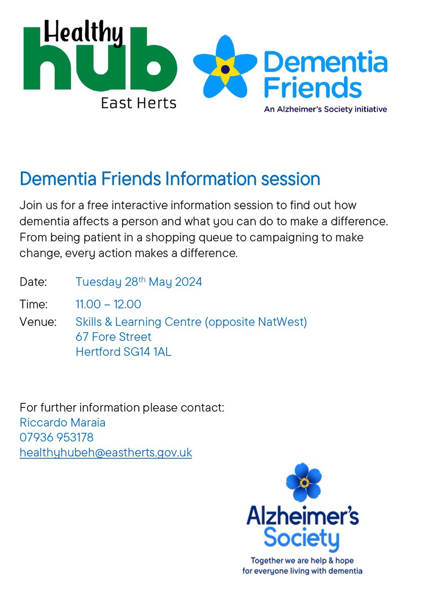 On Tuesday 28th May at the Community Alliance Skills and Learning Centre in #Hertford, learn how to make a meaningful difference in the lives of those living with #dementia and how to be a supportive friend in @HealthyHubeh and @DementiaFriends' one-hour session.

@alzheimerssoc