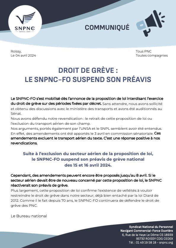 Droit de Grève : Le SNPNC-FO suspend son préavis