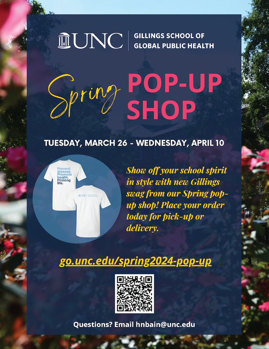 The Spring 2024 Gillings School Pop-up Shop is now open! Pick-up & delivery will happen at the end of April, in plenty of time for you to wrap Commencement gifts or wear your new sweatpants to finals. 😍 All orders must be placed by 11:59 p.m. on April 10. go.unc.edu/spring2024-pop…