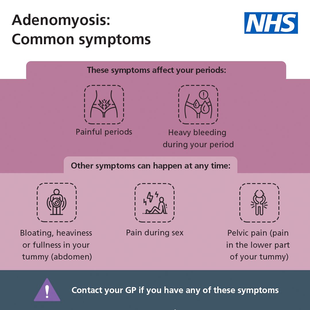 NHSuk's tweet photo. April is #AdenomyosisAwarenessMonth. 
 
Adenomyosis is a condition where the lining of the womb starts growing into the muscle wall of the womb.  

Find out more about symptoms and treatment options. https://t.co/u7CR7bVn31 https://t.co/ltaN0Mwn8b