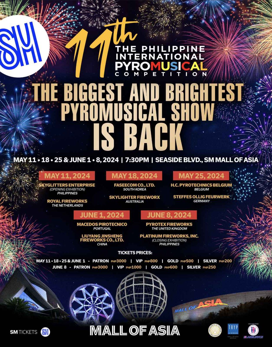 Get ready to witness sparks fly at the 11th Philippine International Pyromusical Competition, set against the breathtaking backdrop of MOA💯 Mark your calendars for Saturdays from May 11 to June 8, 2024, at 7:30 PM. Don't miss out! Grab your tickets now at SM Tickets! 🎇