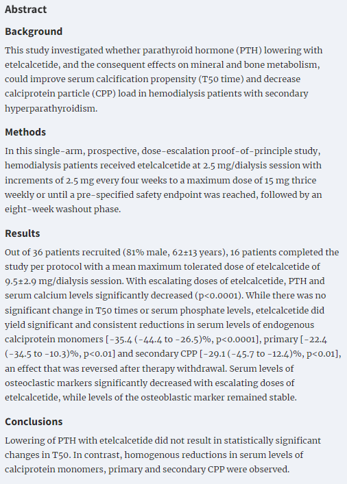 The effect of parathyroid hormone lowering by etelcalcetide therapy on calcification propensity and calciprotein particles in hemodialysis patients 🔓doi.org/10.1093/ckj/sf… 👉Lowering of PTH with etelcalcetide did not result in statistically significant changes in T50