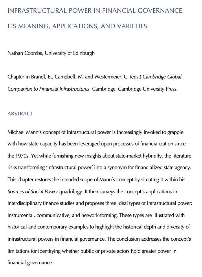 Happy to find out that the Cambridge Global Companion to Financial Infrastructures (eds @C__West @MalcolmCV @Brandl_Barbara) is in press. Its going to be an epic 900 page volume and includes a chapter by me on infrastructural power. osf.io/7gc2z