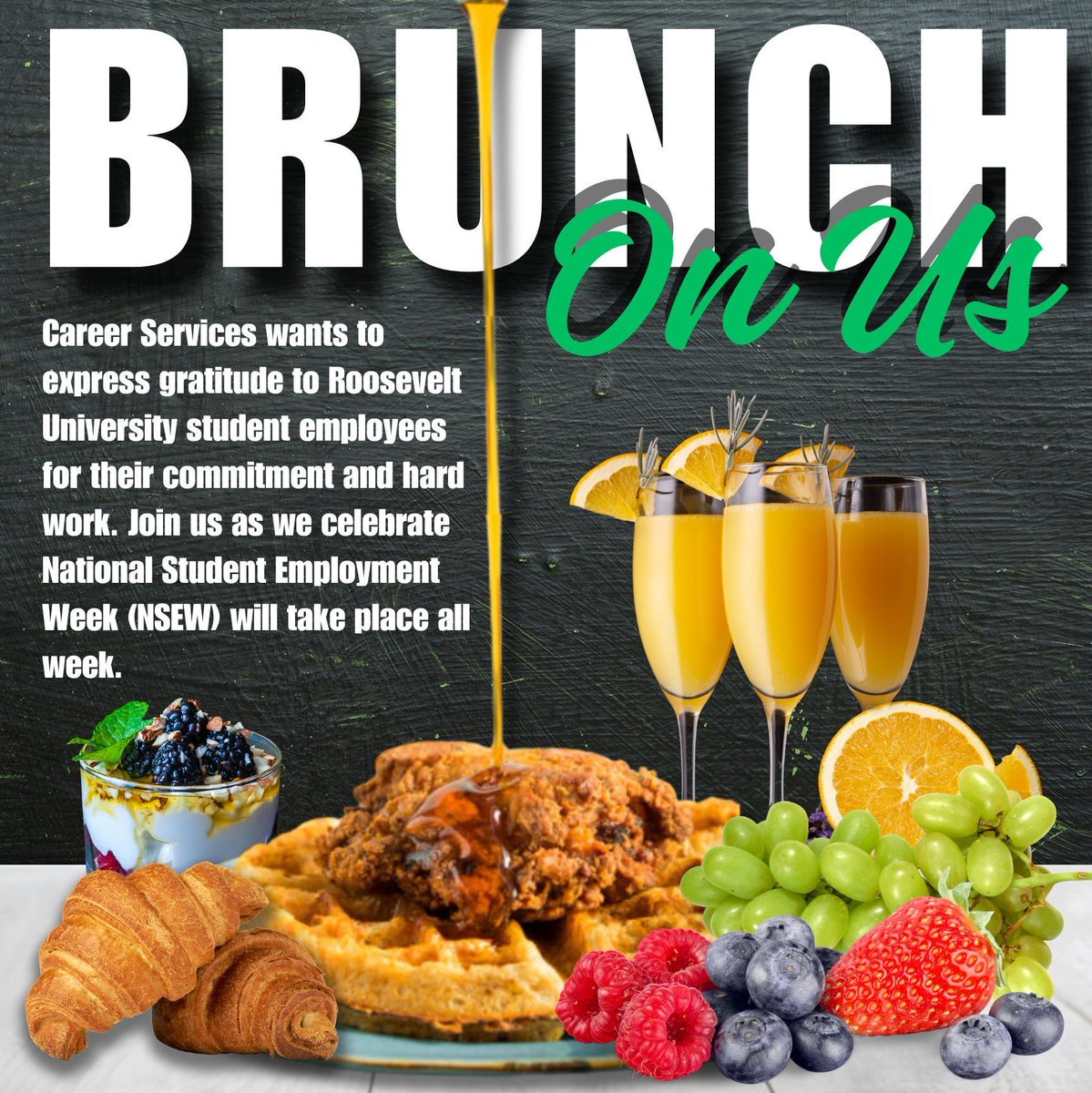 National Student Employment Week is April 8th - April 12th! Join us on Tuesday, the 9th on the 3rd floor of the Laker Union for Brunch on Us from 10 am -11 am. #brunchonus #studentemploymentappreciation #rucareerready