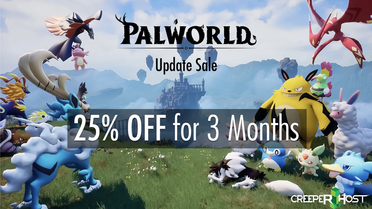 CreeperHost's tweet photo. We're so excited to jump back into Palworld with the new update, we've decided to hold a flashsale!๐
https://t.co/0AURKjF2MU
#Palworld #PalworldRaidBoss #PalworldServer https://t.co/yHfeU202K3