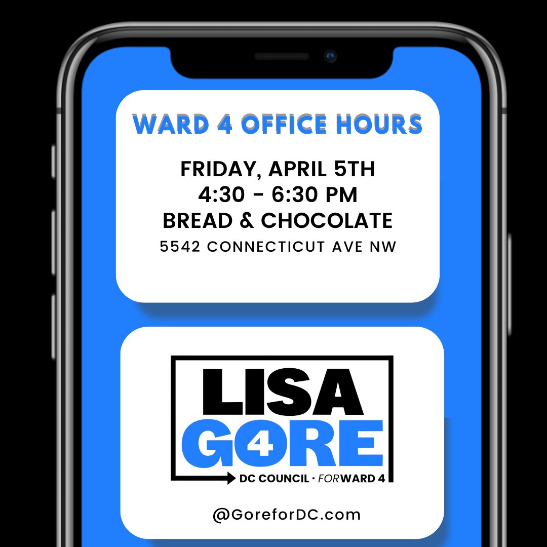 GoreforDC's tweet photo. Join Lisa Gore at Bread & Chocolate for Ward 4 Community Hours. Sign up for one timeslot (click the link https://t.co/9OPxjPHQmo to sign up) to meet with Lisa, And share your concerns, questions, and curiosity about the campaign to move Ward4Forward!
#Ward4Forward #GoreforDC https://t.co/H4EYApxLPZ