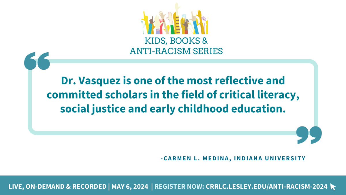 Engage with Vivian Vasquez on May 6 at our Kids, Books & Anti-Racism Series. Sign up here: CRRLC.LESLEY.EDU/ANTI-RACISM-20… #KBARS24 #antiracisteducation #socialjustice @CorwinPress @vvasque_v