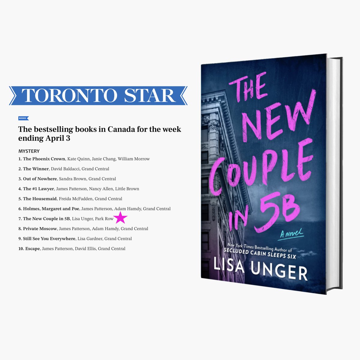Woohoo! THE NEW COUPLE IN 5B is a bestseller in Canada for the fourth week in a row! I’m so grateful for all of my wonderful Canadian reader pals. 🙏🇨🇦❤️