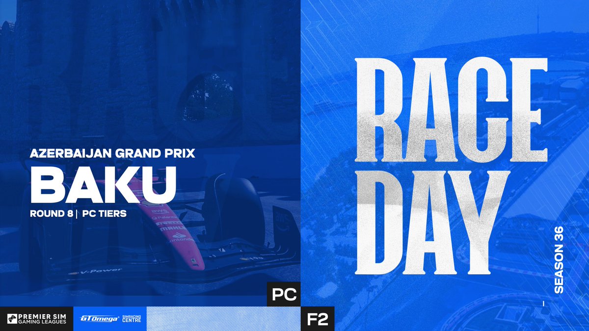 RACE DAY 🇦🇿

Today the PC tiers will tackle the iconic Baku street circuit for Round 8 💪

Watch the action here:
🔴 youtube.com/@PremierSimGam…
🟣 twitch.tv/premiersimgl
#PSGLS36