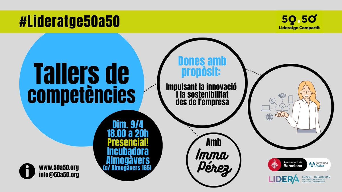 lideratge_50a50's tweet photo. 💜 La sòcia @immaperez impartirà un taller el pròxim dimarts 9 d’abril, de 18:00 a 20:00 hores, a l’espai2
@barcelonactiva.  El taller té com a objectiu principal oferir les eines necessàries per a identificar el propòsit professional de cada participant.
https://t.co/mF3imJiEym https://t.co/BezxEbKFtC