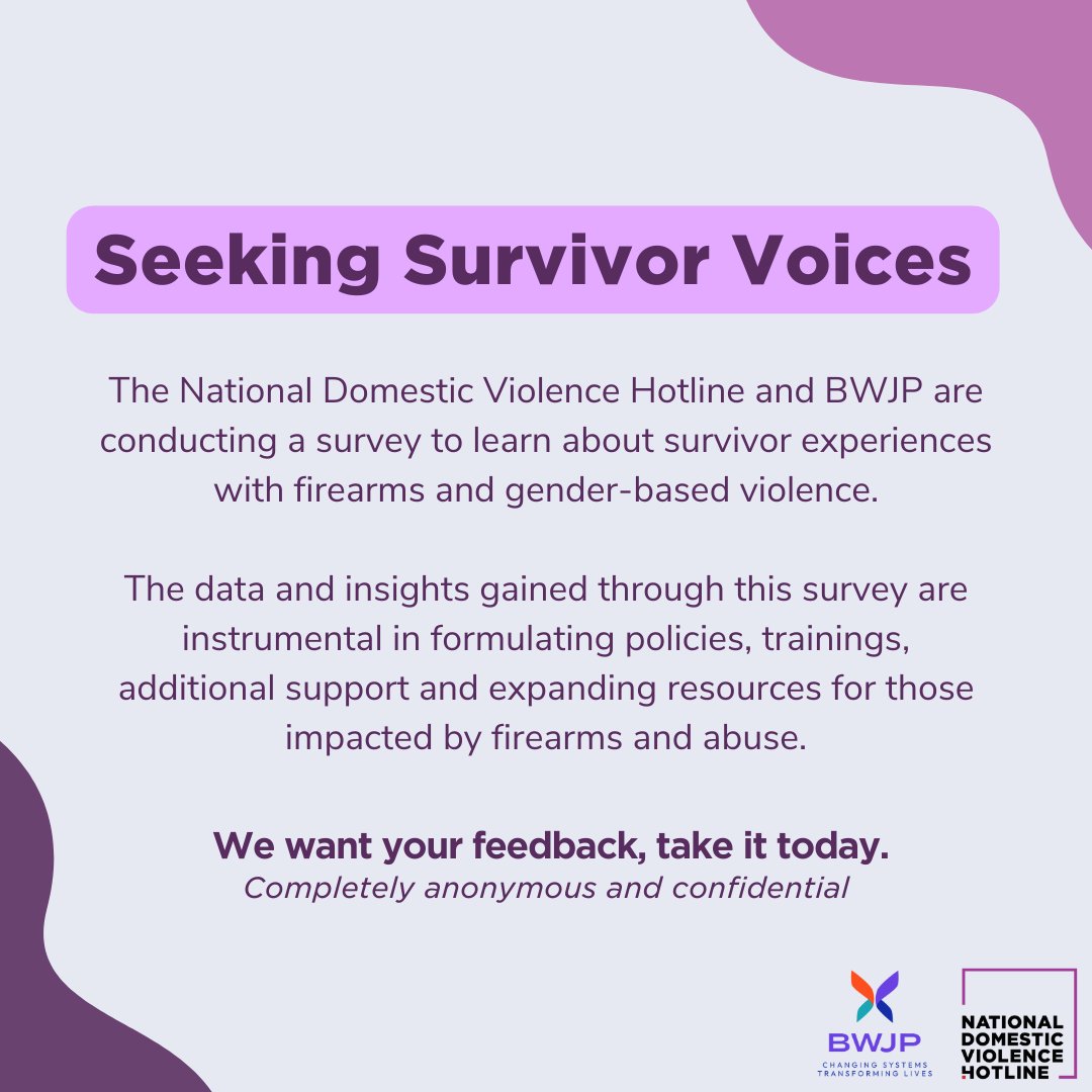 The Hotline and @BatteredWomenJP have partnered to conduct a survey to learn more about survivor experiences with firearms & gender-based violence. This survey is important to help develop policies & resources for survivors. Take the survey today: bit.ly/3VqElVb