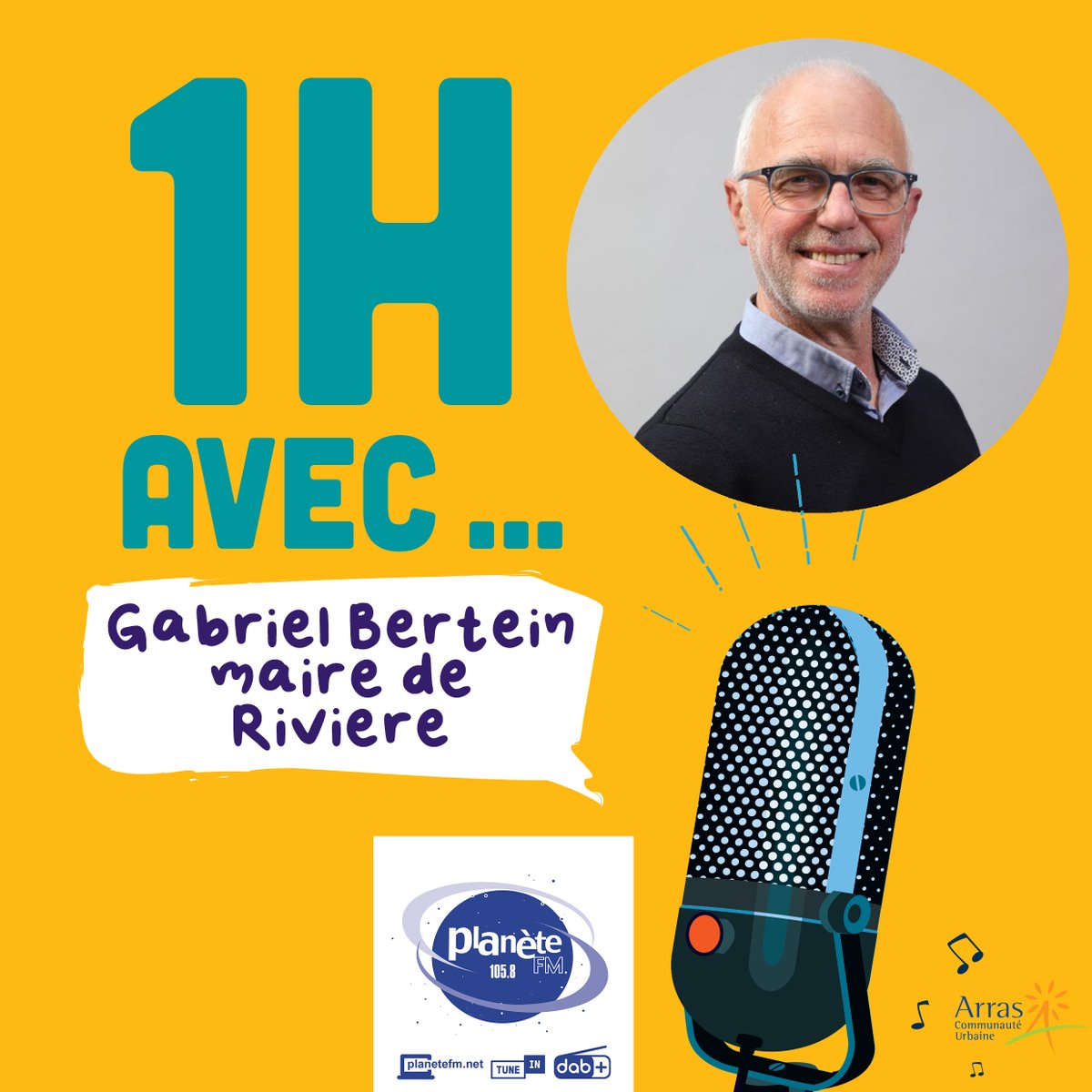 GrandArras's tweet photo. #1havec 
📍Ce week-end, nouvel épisode de l’émission « 1 heure avec un Maire du #GrandArras » sur @Planetefm 
✅ Le samedi 6 avril à 9h (et le dimanche 7 avril à 10h pour la rediffusion), retrouvez l’interview de Gabriel Bertein, maire de Rivière https://t.co/QJhoNvz6Jk