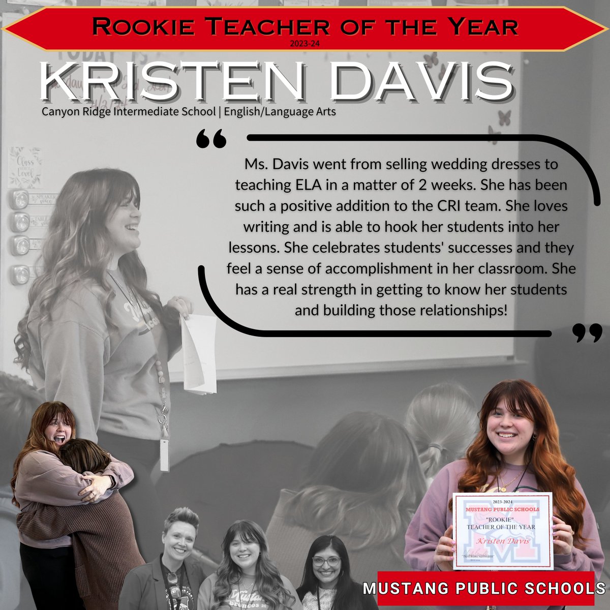 Meet one of our three Rookie Teachers of the Year: Kristen Davis from Canyon Ridge Intermediate!🍎 With a passion for ELA, she's created a vibrant learning environment where every student feels valued & inspired. Congrats on your amazing start! #BroncoPride #StaffSpotlight