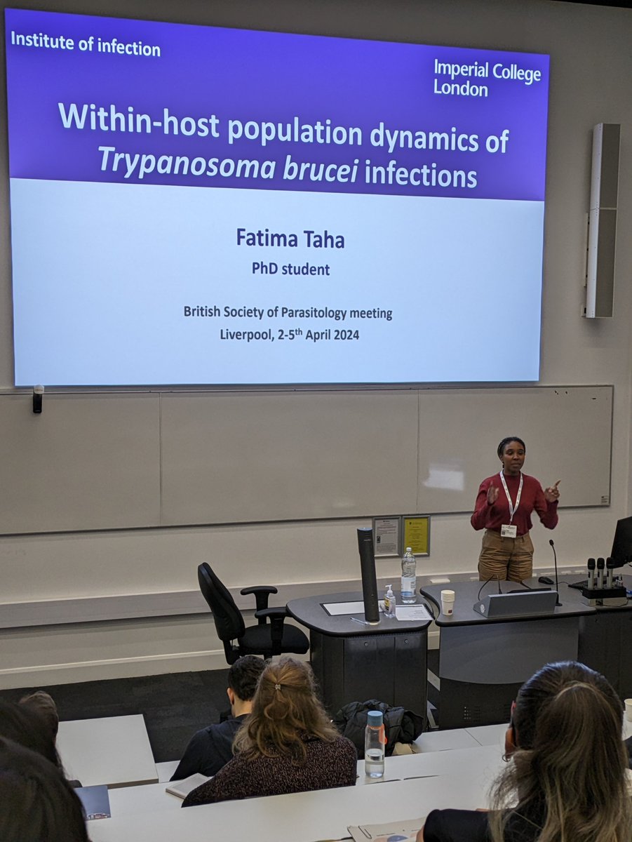 Our 4th talk of the 'Cellular Heterogeneity' session this morning was from Fatima Taha of @imperialcollege who works with @Tiengwe_Lab & @laboratorychild who told us about 'Within-Host population dynamics of #Trypanosoma brucei infections.' Review at sciencedirect.com/science/articl…