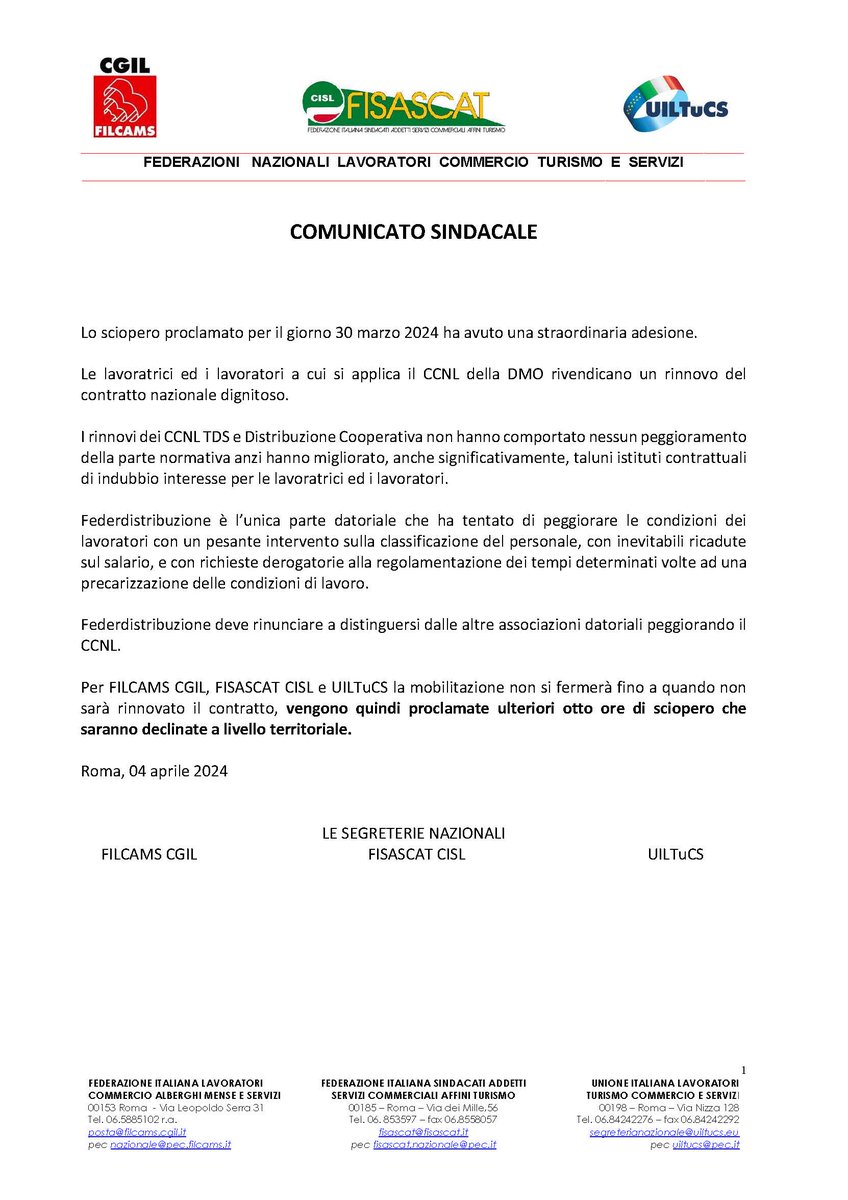 📢 Despite hurdles, March 30 strike was a success. Commerce workers in Italy won't settle for less than dignified sector contracts. #Federdistribuzione attempts to worsen conditions won't be tolerated. @FilcamsCgil @FisascatCisl75 @uiltucs fight together for fair agreements #DMO