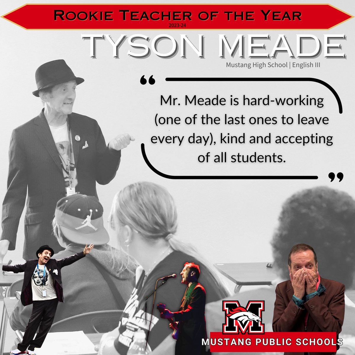 Congratulations to Tyson Meade of Mustang High School, one of our esteemed Rookie Teachers of the Year! 🍎 Mr. Meade is a former rockstar 🎸🎤 turned teacher whose hard work and passion do not go unnoticed. #RookieExcellence #BroncoPride #StaffSpotlight