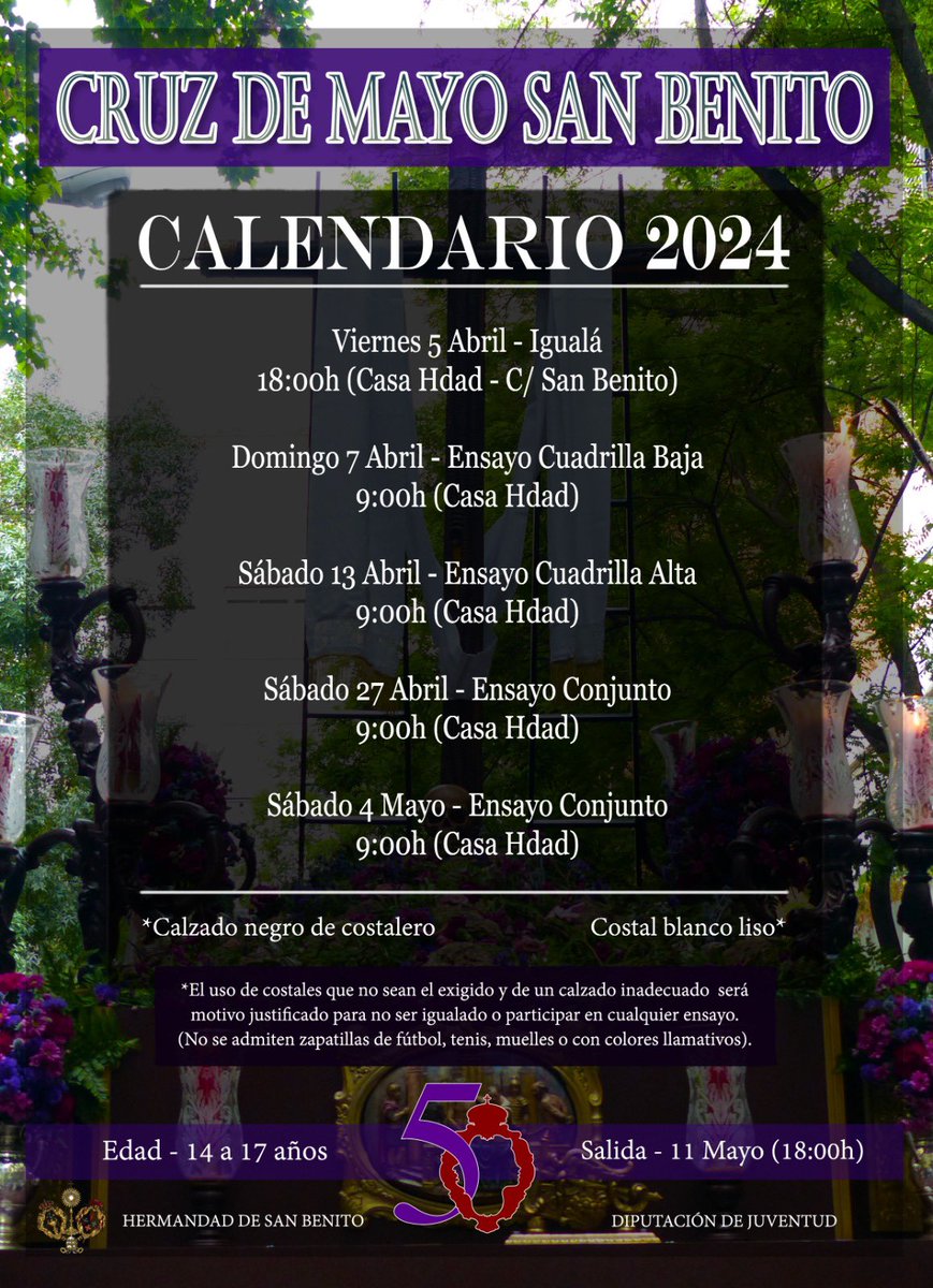 💜 Calendario de ensayos e igualá para la próxima Cruz de Mayo #SanBenito24 #TDSCofrade